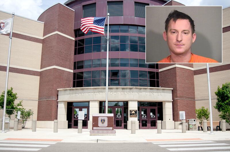 Inset of Dustin Garbacz in front of Northwest Herald file of the McHenry County courthouse.