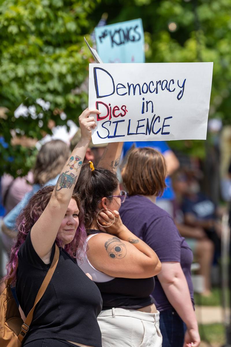 Protester holds sign at the “No Kings” protest on Saturday, June 14, 2025 at Rotary Park in Princeton.