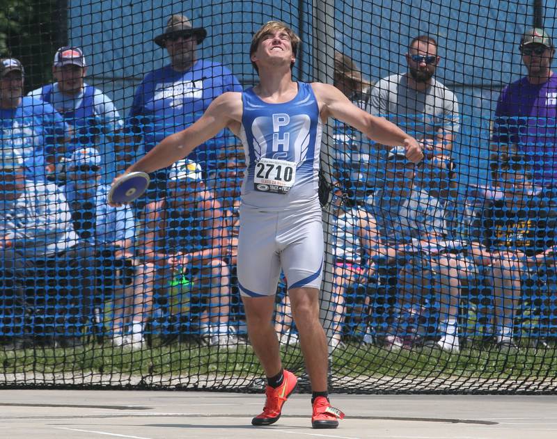 Princeton's Landen Hoffman throws discus during the IHSA Class 2A Boys Track & Field State Finals on Saturday, May 31, 2025 at Eastern Illinois University in Charleston.