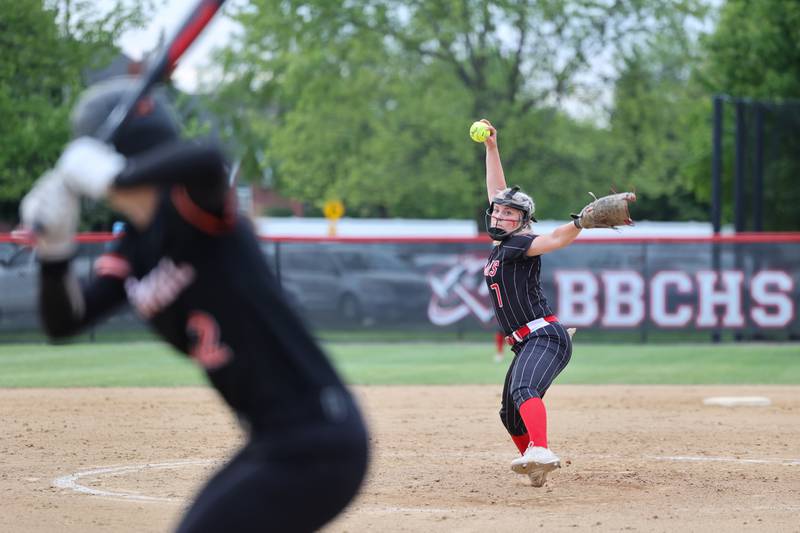 Bradley-Bourbonnais’ Lydia Hammond winds up to pitch during the Boilermakers' 8-0 victory over Normal Community in the IHSA Class 4A Bradley-Bourbonnais Regional semifinal on Tuesday, May, 27, 2025.