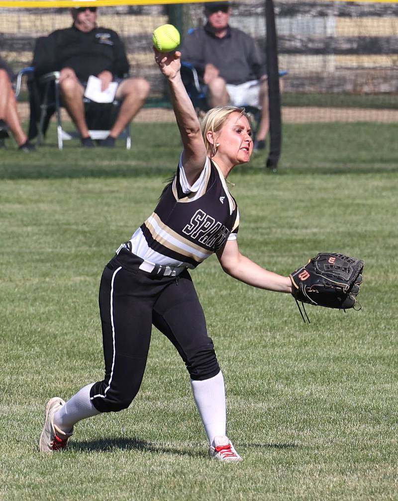 Sycamore's Addison McLaughlin gets the ball back into the infield during their Class 3A regional championship game against Freeport Friday, May 26, 2023, at Sycamore High School.
