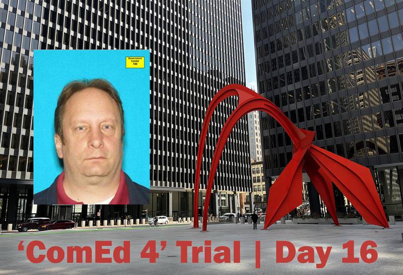 Ed Moody, a former political operative of former House Speaker Michael Madigan, took the witness stand in the "ComEd Four" bribery trial Tuesday, testifying for the prosecution after having been granted immunity. (Capitol News Illinois illustration; Moody photo from trial evidence, courthouse photo by Hannah Meisel)