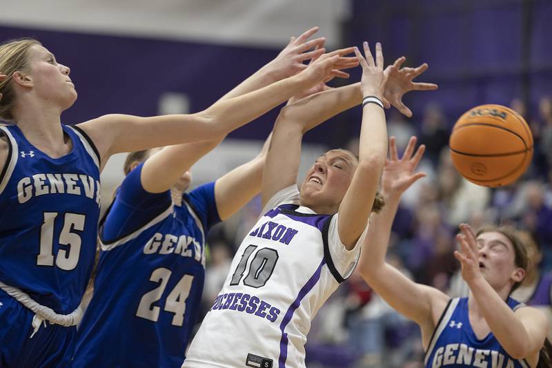 Dixon’s Addy Lohse has a ball slip away against Geneva Thursday, Feb. 19, 2026, in the Class 3A girls basketball regional title game.