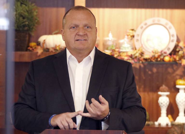 Thomas DeVore, the Republican candidate for attorney general, talks about the SAFE-T Act Wednesday, Oct. 12, 2022, during a stop in his SAFE-T Act Tour at the Around the Clock Restaurant, 5011 Northwest Highway in Crystal Lake. DeVore was joined by Cary Police Chief Patrick Finlon, McHenry County State's Attorney Patrick Kenneally and other officials who are critics of the SAFE-T Act.