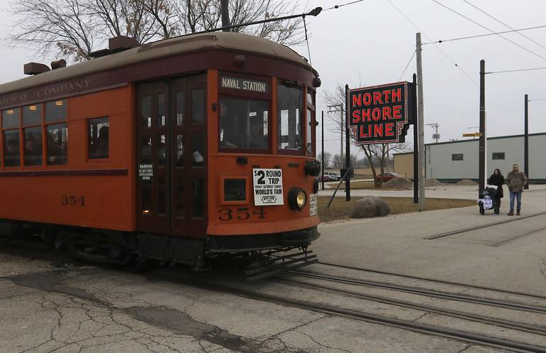 A train travels past the North Shore Line signs on Saturday, January 21, 2023 as the Illinois Railway Museum celebrates its 70th anniversary with the first of many celebrations by marking 60 years since the abandonment of the Chicago North Shore and Milwaukee Railroad remembered.