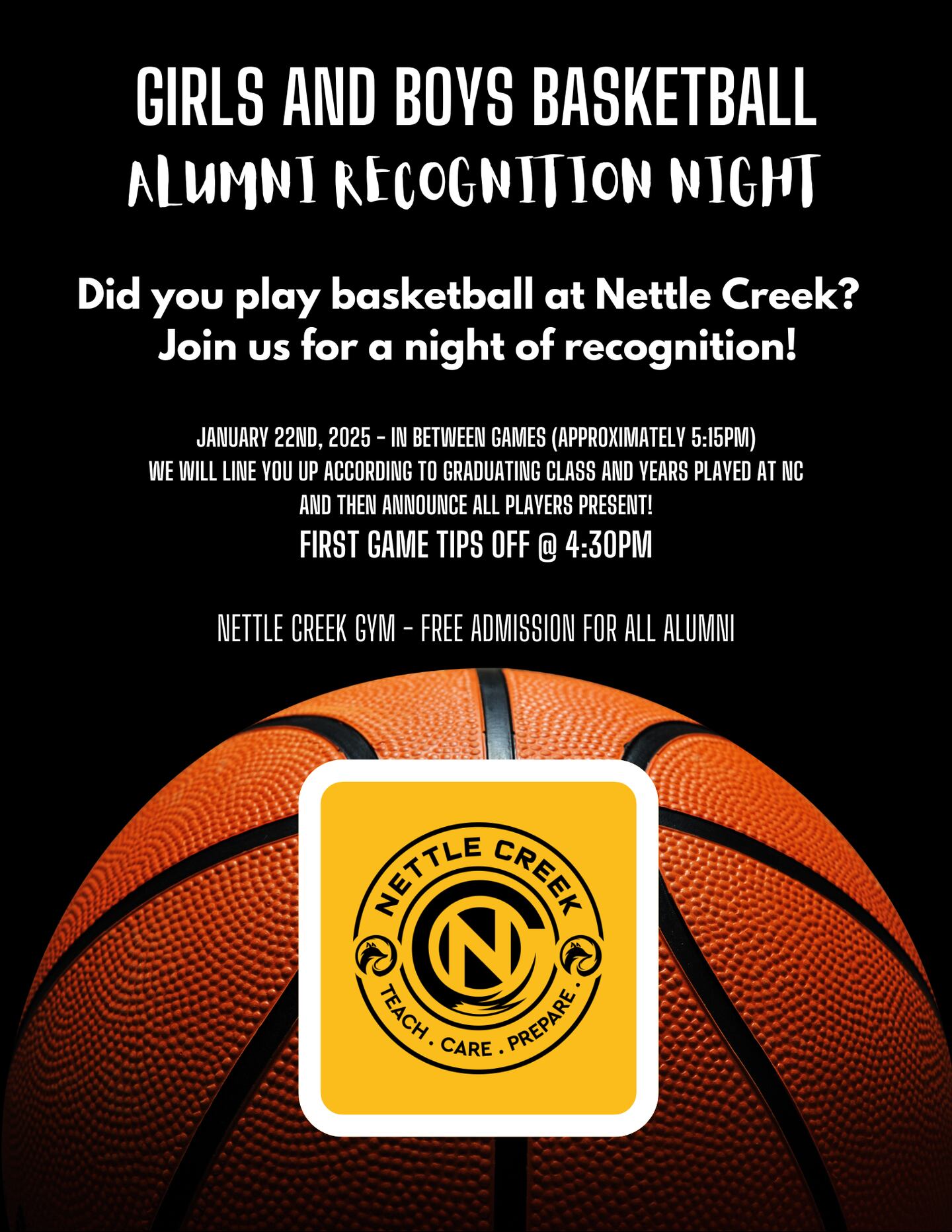 The flyer for Nettle Creek School's alumni night.