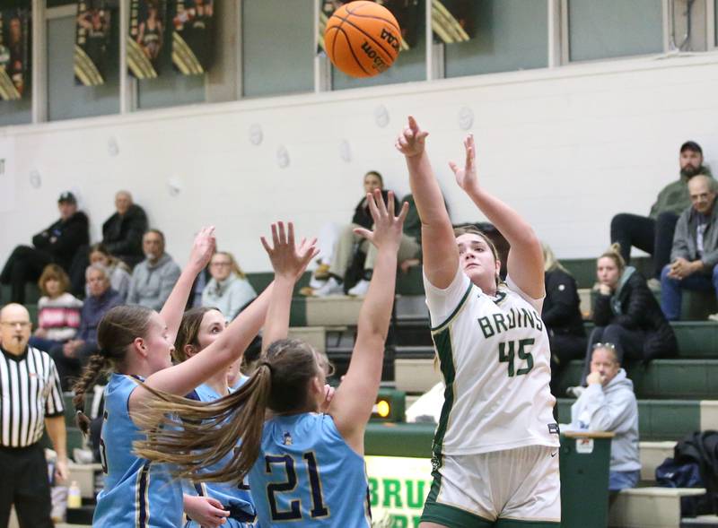 St. Bede's Savannah Bray shoots a jump shot over Marquette's Kinley Rick on Monday, Dec. 2, 2024 at St. Bede Academy.