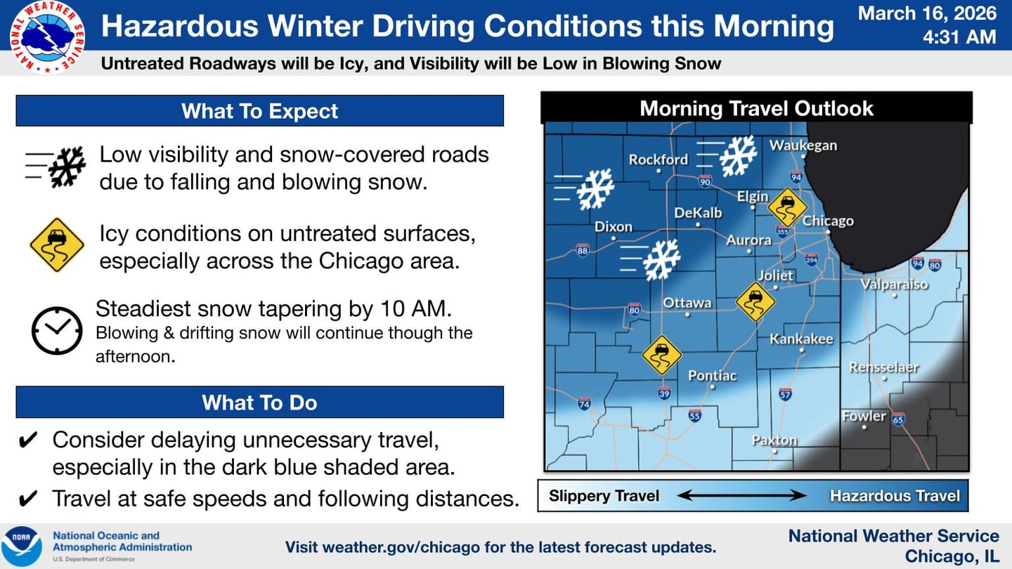Hazardous winter driving conditions in Illinois on Monday, March 16