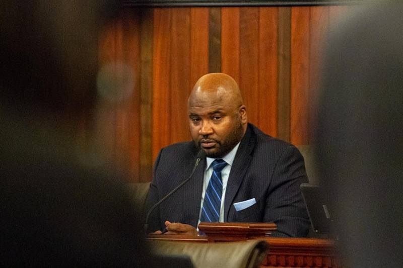 Sen. Elgie Sims, D-Chicago, is pictured in a Senate committee Thursday, May 25, 2023.