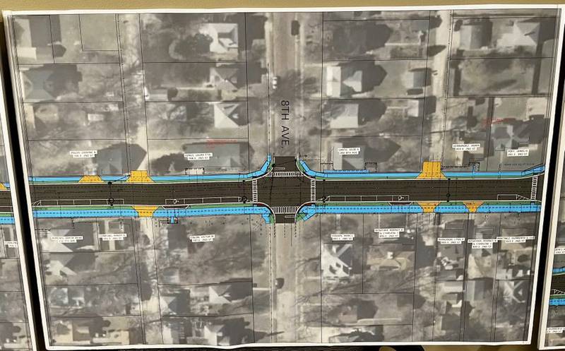 A rendering of Sterling's Second Street road construction project is presented during an open house on April 8, 2025, at Sterling City Hall.