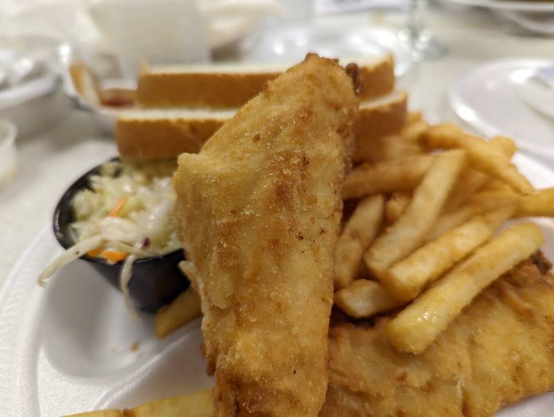 The Knights of Columbus Holy Trinity Council No. 4400 on Joliet's East side offers a one-, two- or three-piece fish dinner of either Alaskan cod (the Knights’ specialty, according to the menu) or Alaskan walleye. Prices are $11.50, $15.50 and $17.50 for the cod dinners, and $8.50, $11.25 and $13.75 for the walleye. Dinners come with two slices of bread, battered fries and a vinegar coleslaw.