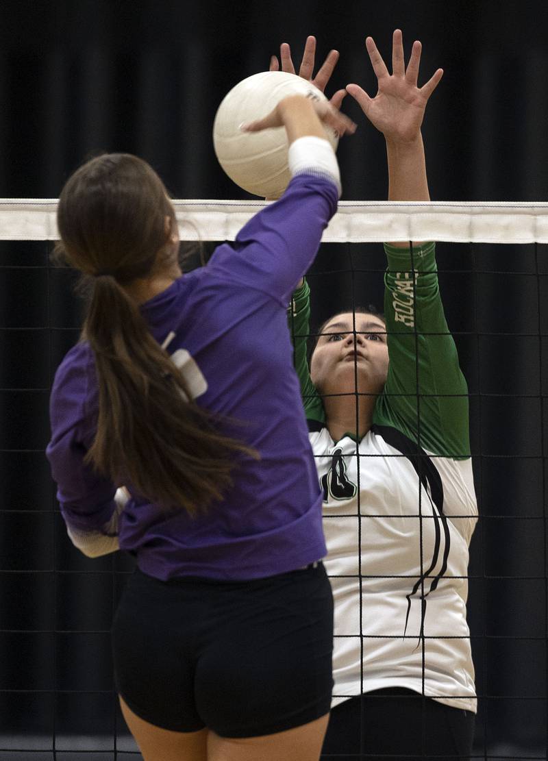 Rock Falls' Ari Reyna blocks a shot against Rochelle Monday, Sept. 29, 2025.
