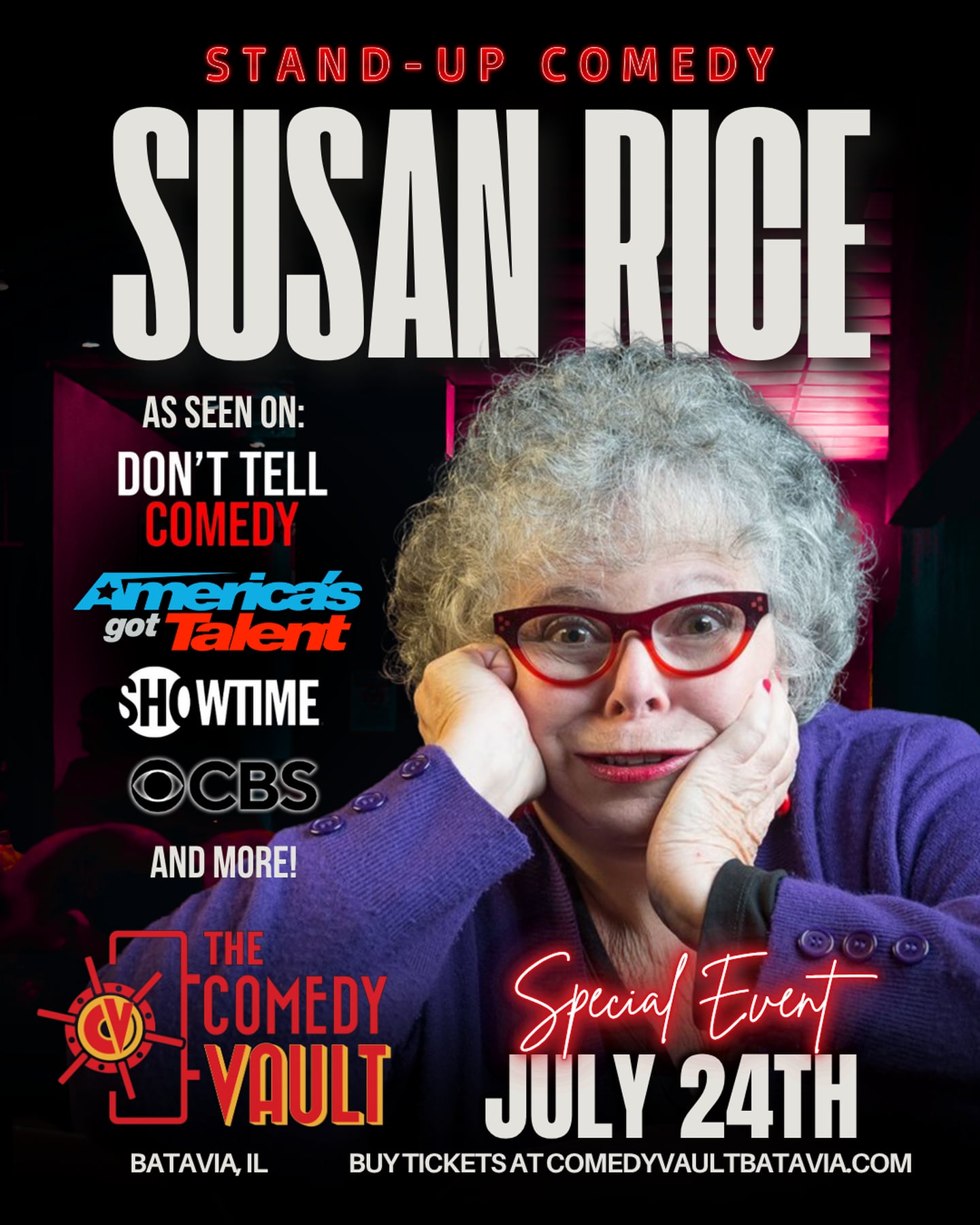 Comedian Susan Rice will perform at The Comedy Vault in Batavia July 24.