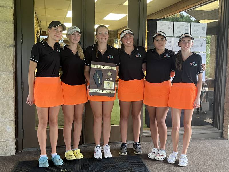 Crystal Lake Central co-op's (from left to right) Madeline Trannel, Rylee Rud, Delaney Medlyn, Addison Cleary, Estrella Bernal and Ryleigh Mazzacano pose with the Class 3A Harlem Regional championship plaque.