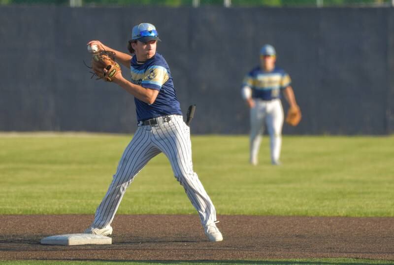 Marquette Academy's Tommy Durdan (1) turns the double play against Chicago Hope Academy in the sixth inning of the 1A baseball sectional semifinal at Judson University in Elgin on Thursday, May 25, 2023.