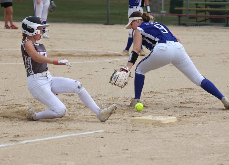 Kishwaukee Valley Storm's Kaylee Knabe slides in safely at third Friday, June 27, 2025, during their 16u game against Northern Ice in the Storm Days tournament at the Sycamore Community Sports Complex.