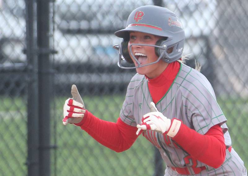 L-P's Karmen Piano reacts after hitting a solo home run against Ottawa on Monday, April 21, 2025 at the L-P Athletic Complex in La Salle.