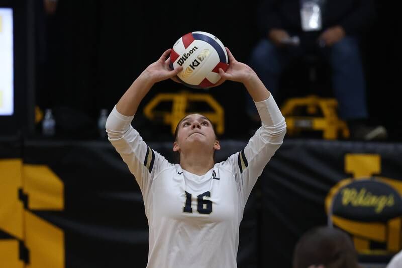 Lemont’s Olivia Sarno sets the ball against St. Laurence in the Class 3A St. Laurence Sectional championship on Thursday, Nov. 7, 2024 in Burbank.