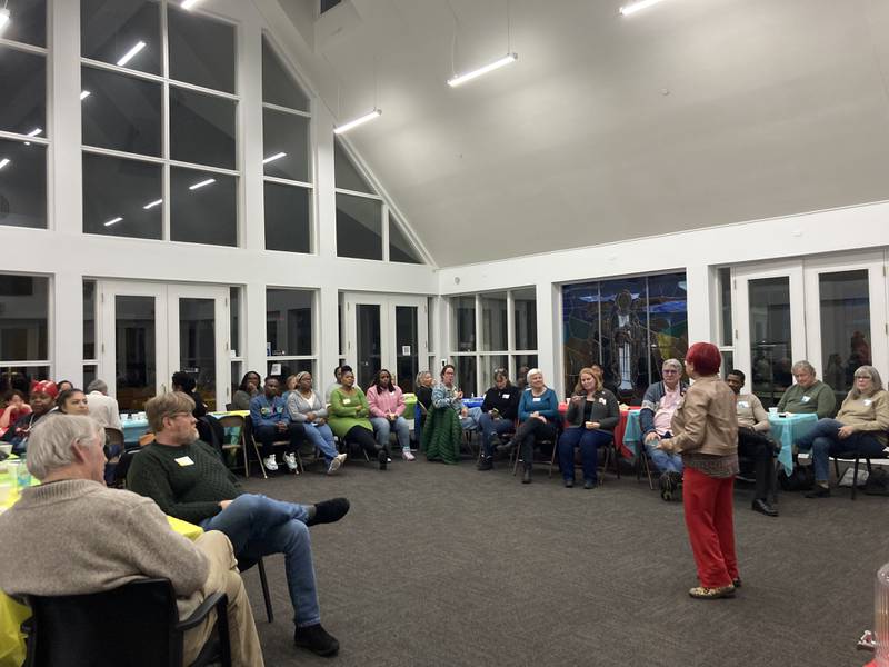 Common Table DeKalb's story-sharing  facilitator Dr. Ada Cheng addresses attendees at a March 7, 2025 event held at New Hope Missionary Baptist Church in DeKalb.