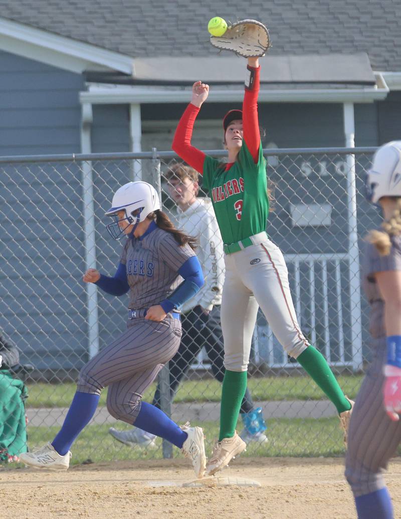 L-P's Dagny Greer misses the throw at first base as Princeton's Izzy Gibson steps safely on the bag on Tuesday, March 24, 2026 at Little Sibera Field in Princeton.