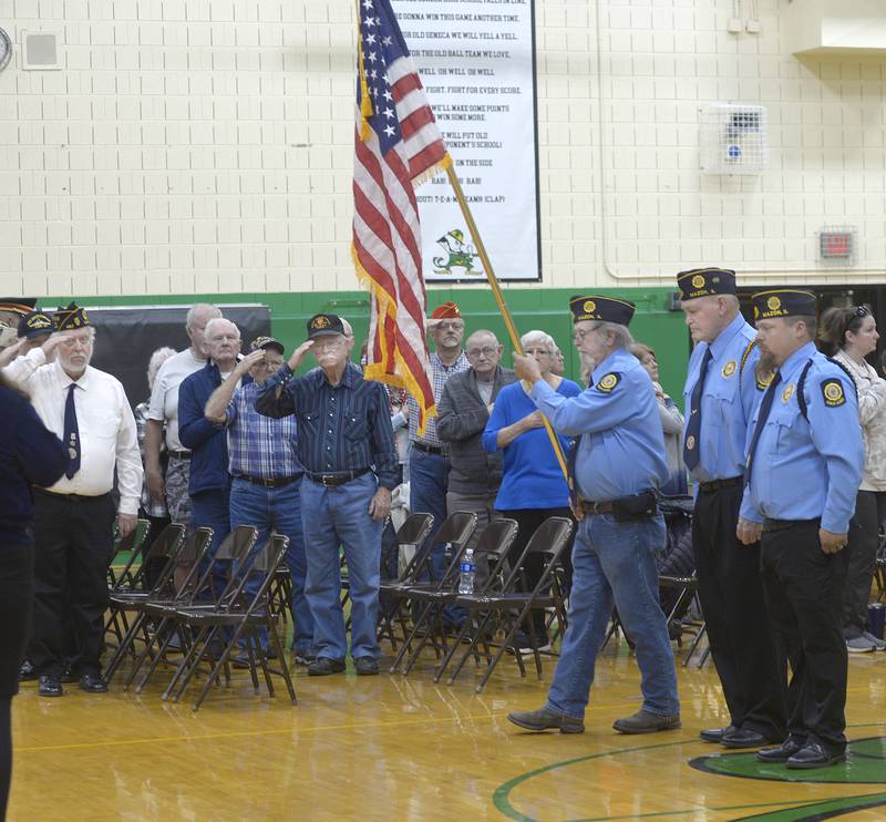 Color Guards present the colors Friday during an all school assembly at Seneca High School.  The Seneca FFA led the program to honor veterans.
