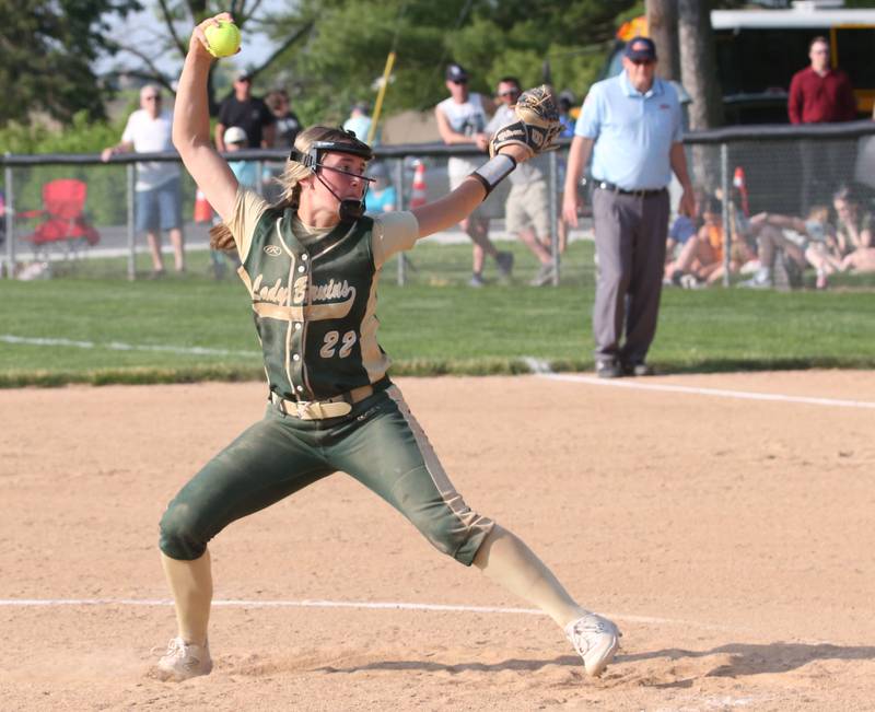 St. Bede pitcher Ella Hermes delivers a pitch while facing Ridgewood AlWood/Cambridge in the Class 1A Sectional semifinal game on Tuesday, May 23, 2023 at St. Bede Academy.