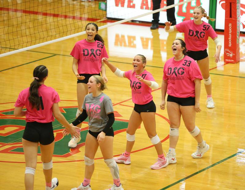 Members of the L-P volleyball team react after defeating Ottawa during Volley for a Cure night on Tuesday, Oct. 1, 2024 at AJ Sellett Gymnasium.