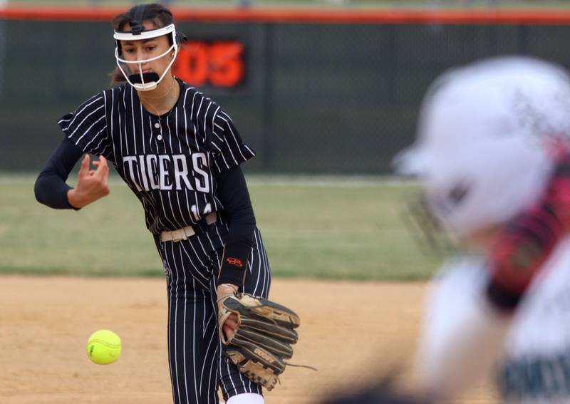 Crystal Lake Central’s Lily Perocho delivers against Woodstock North in IHSA Class 3A Regional Title Game softball action on Saturday, May 23, 2026 at Crystal Lake Central High School in Crystal Lake.