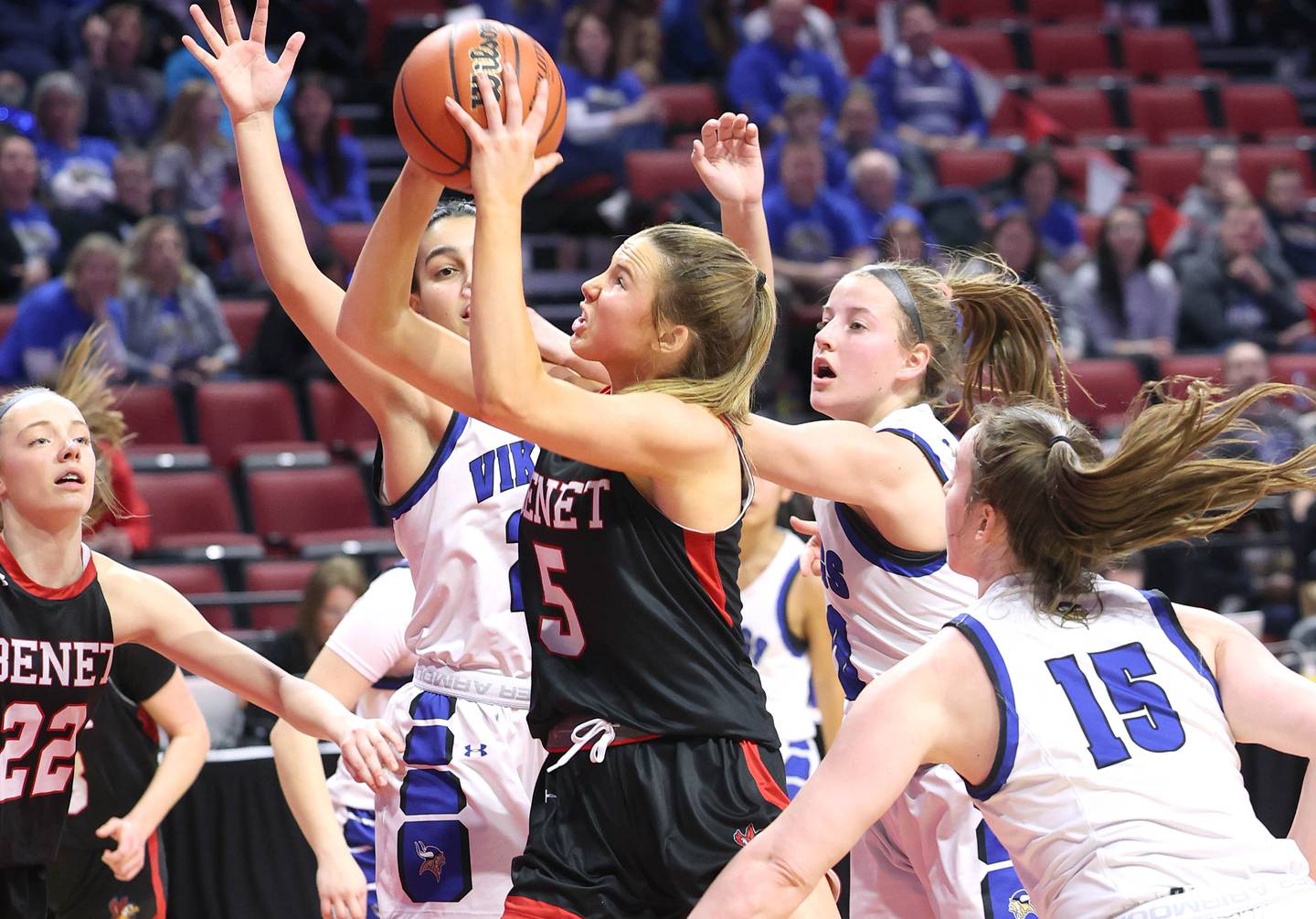 Benet's Lenee Beaumont gets a shot off surrounded by Geneva defenders during their Class 4A state semifinal game Friday, March 3, 2023, in CEFCU Arena at Illinois State University in Normal.