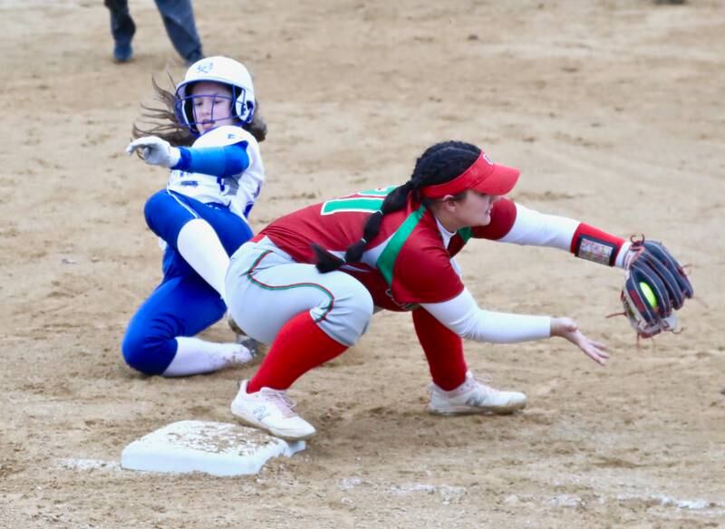 L-P's Maddie Pangrcic takes the throw at third base to force out Princeton's Kelsea Klingenberg in the third inning of Tuesday's game at Little Siberia Field in Princeton. The Cavs won 15-8.