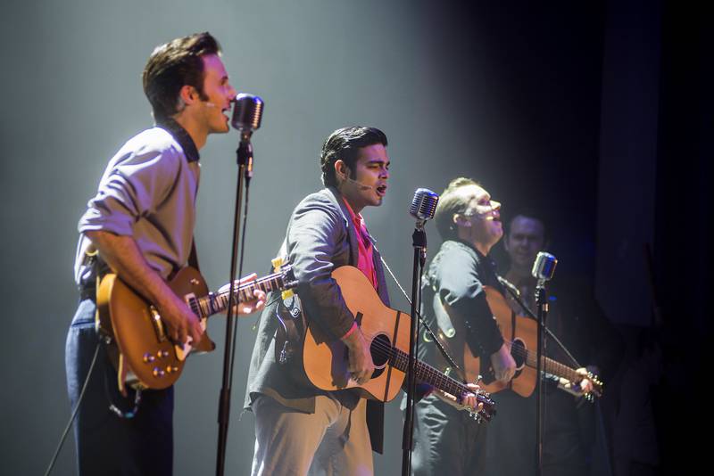 Musicians channeling rock stars Carl Perkins (left to right), Elvis Presley and Johnny Cash along with Jerry Lee Lewis perform Thursday, May 26, 2022 at the Dixon Historic Theatre. “Million Dollar Quartet” played before a lively crowd of over 750 music fans.