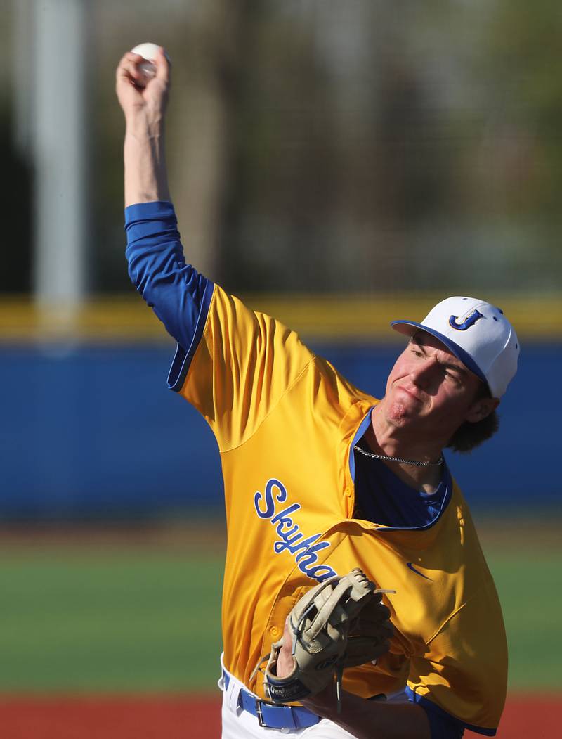 Johnsburg's Ashton Stern throws a pitch during a Kishwaukee River Conference baseball game against Marengo on Wednesday, April 22,2026, at Johnsburg High School.
