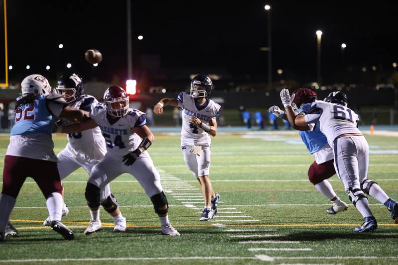 Nazareth's Frankie Nichols throws a pass into the end zone during Nazareth's 33-12 victory over Kankakee on Friday, Aug. 29, 2025.