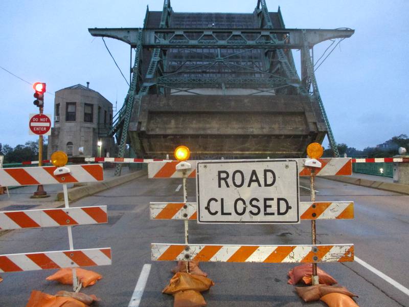 The Jefferson Street drawbridge in downtown Joliet, seen Tuesday night, has been closed for emergency repairs since May 14. May 20, 2025