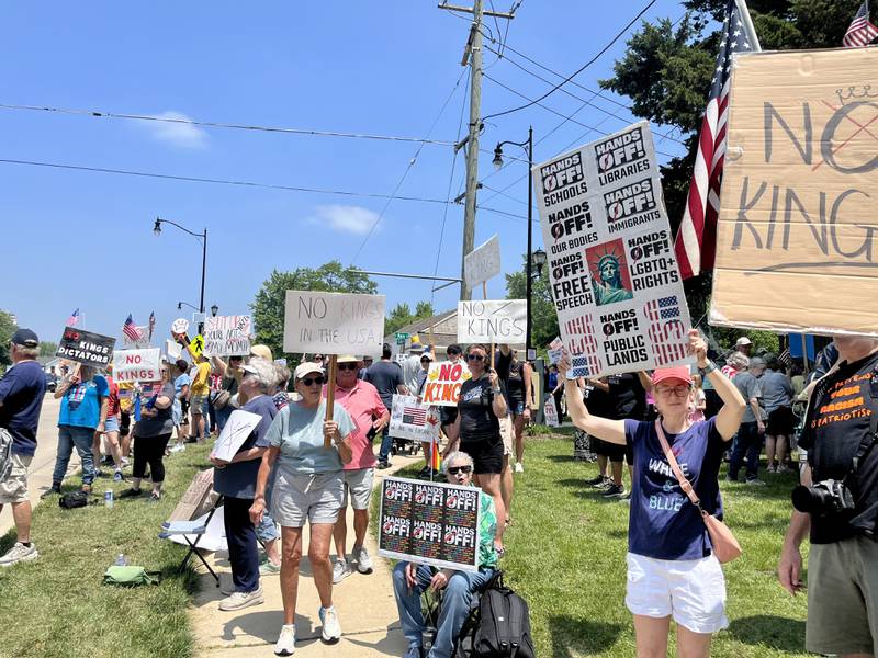 Protesters line the streets in downtown Yorkville during the "No Kings" demonstration. They cheered and urged passing cars to honk in solidarity with protecting civil liberties.