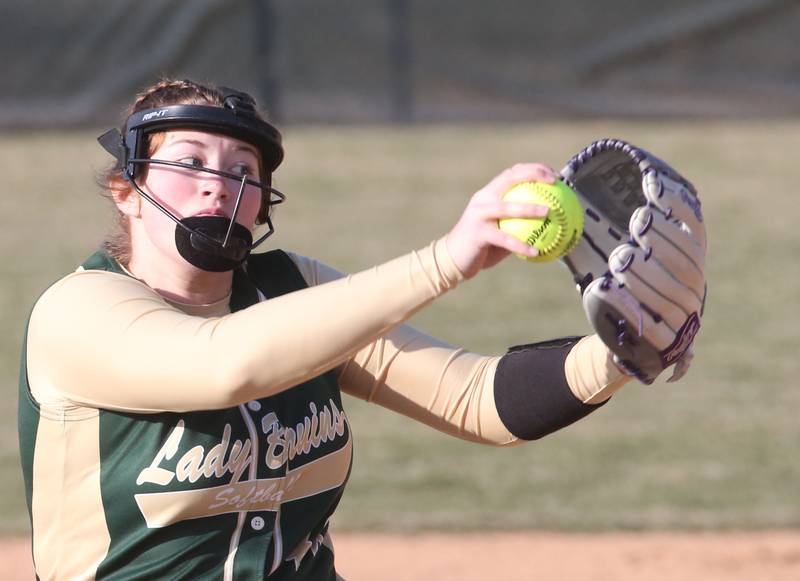 St. Bede's Reagan Stoudt delivers a pitch to Riverdale on Monday, March 20, 2023 at St. Bede Academy.