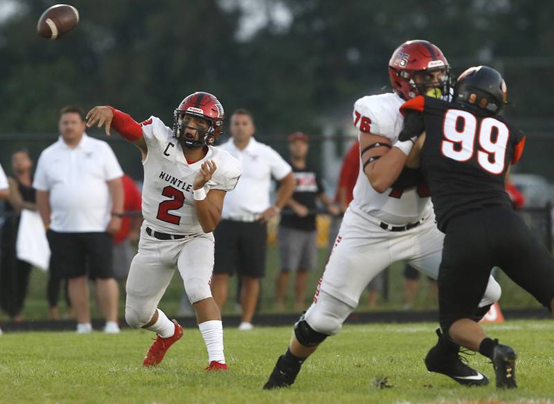 Huntley's Sam Deligio throws a pass during a Fox Valley Conference football game Friday, Aug. 26, 2022, between Crystal Lake Central and Huntley at Crystal Lake Central High School.