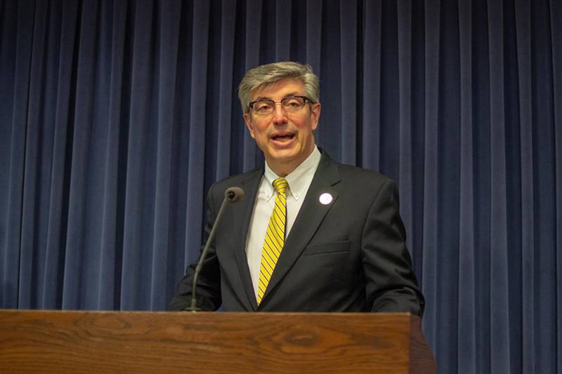 Rep. Dan Ugaste, R-Geneva, speaks at a news conference last year at the Illinois Capitol. On Monday he spoke in favor of a bill guaranteeing a nursing home patient the right to have visitors even in the middle of a public health emergency.