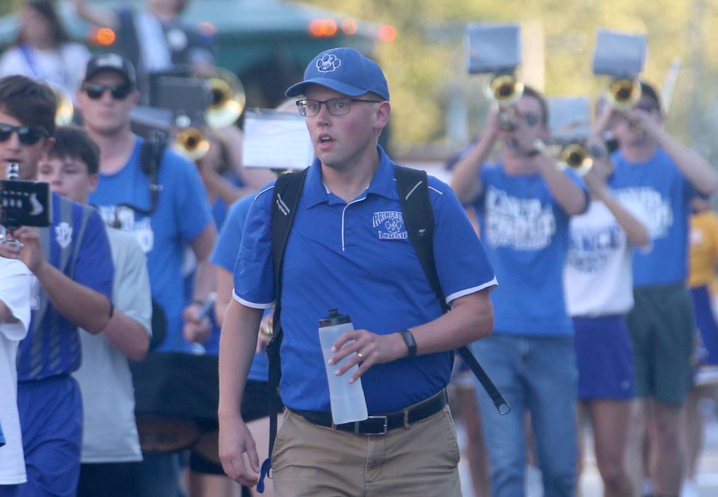 Steven Olson, Princeton High School band director, marches in the homecoming parade on Thursday, Sept. 25, 2025 along South Main Street in Princeton. Olson won Jeopardy! four days in a row.