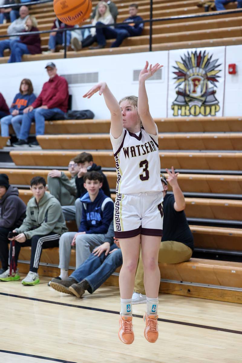 Watseka-Milford's Rennah Barrett shoots a 3-pointer during the Warriors' 60-49 victory over Clifton Central on Saturday, Jan. 10, 2026.