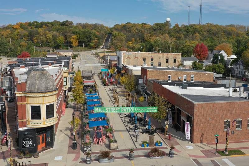 An aerial view of the fall colors downtown Utica on Monday, Oct. 23, 2023.