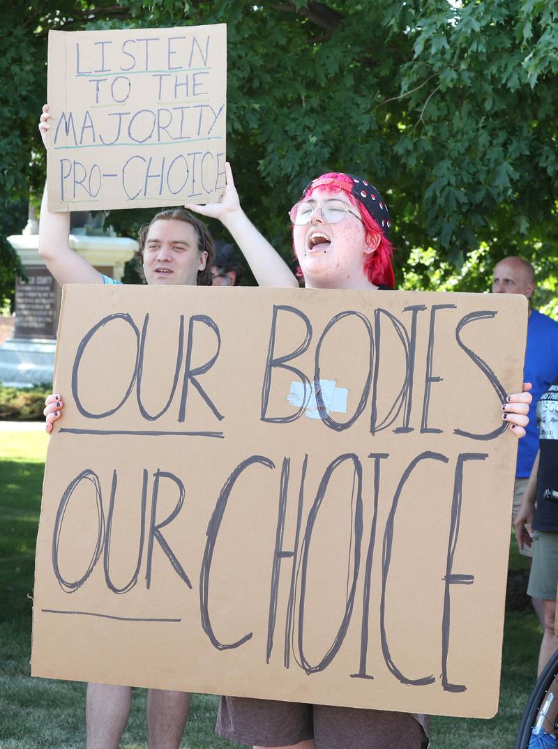 Leo Clark, from Marengo, chants with the crowd Friday, June 24, 2022, during a rally for abortion rights in front of the DeKalb County Courthouse in Sycamore. The group was protesting Friday's decision by the Supreme Court to overturn Roe v. Wade, ending constitutional protections for abortion.