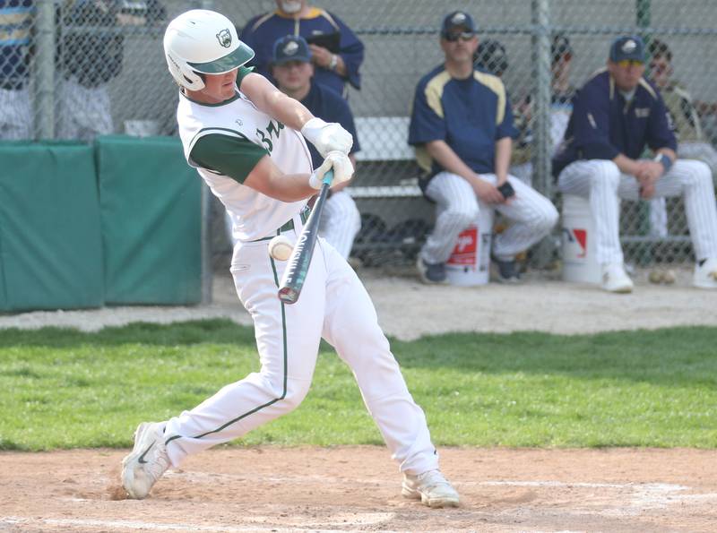 St. Bede's AJ Hermes swings and misses at a pitch against Marquette on Thursday, April 24, 2025 at St. Bede Academy.