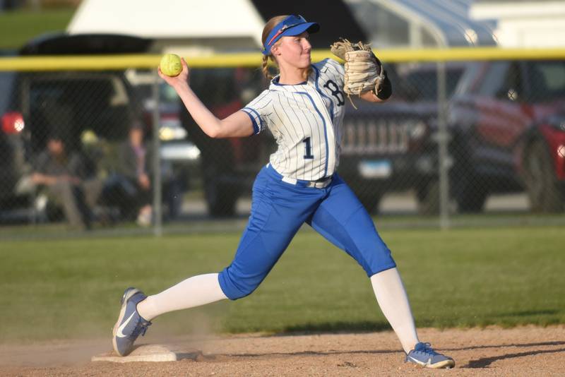 Milford-Cissna Park's Addison Lucht steps on second and throws to first for a double play during the Bearcats' home game against Oakwood Wednesday, April 16, 2025.