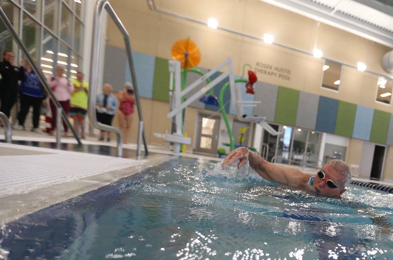 Robert "Spider" Purcell swims laps in the O'Brien Aquatic Center on Monday, May 6, 2024 at the YMCA in Ottawa. Purcell was the first person to swim in the gigantic pool.