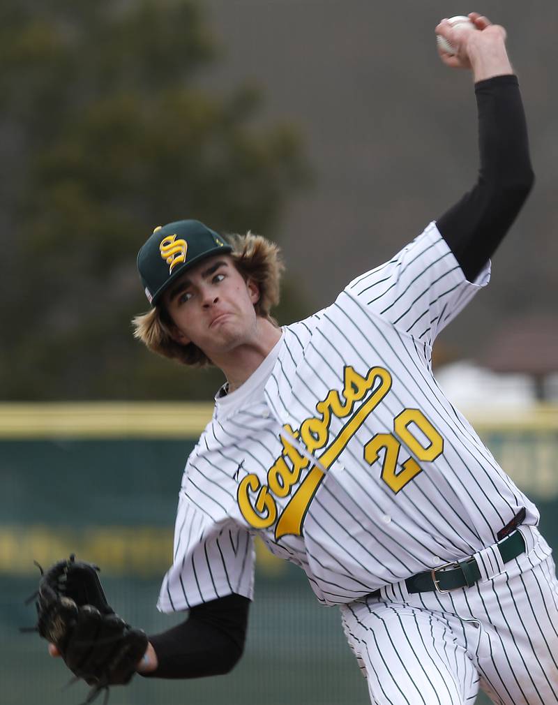Crystal Lake South’s Cole Tilley throws a pitch during a nonconference baseball game against Richmond-Burton Friday, March 24, 2023, at Crystal Lake South High School.