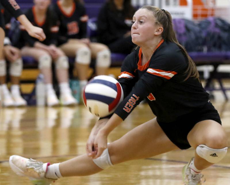 Crystal Lake Central's Mia Ginter tries to pass the ball during a Fox Valley Conference volleyball match against Hampshire on Tuesday, Sept. 24, 2024, at Hampshire High School.