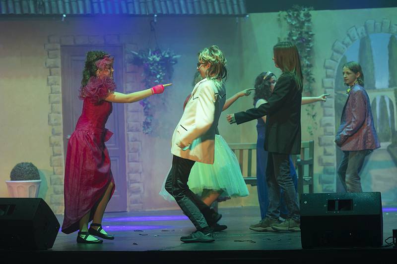 Cast members in “Taming of the Shrew: 80s Style” perform a scene to the 1980s song “Footloose” on Sunday, June 2, 2024, at The Dixon.