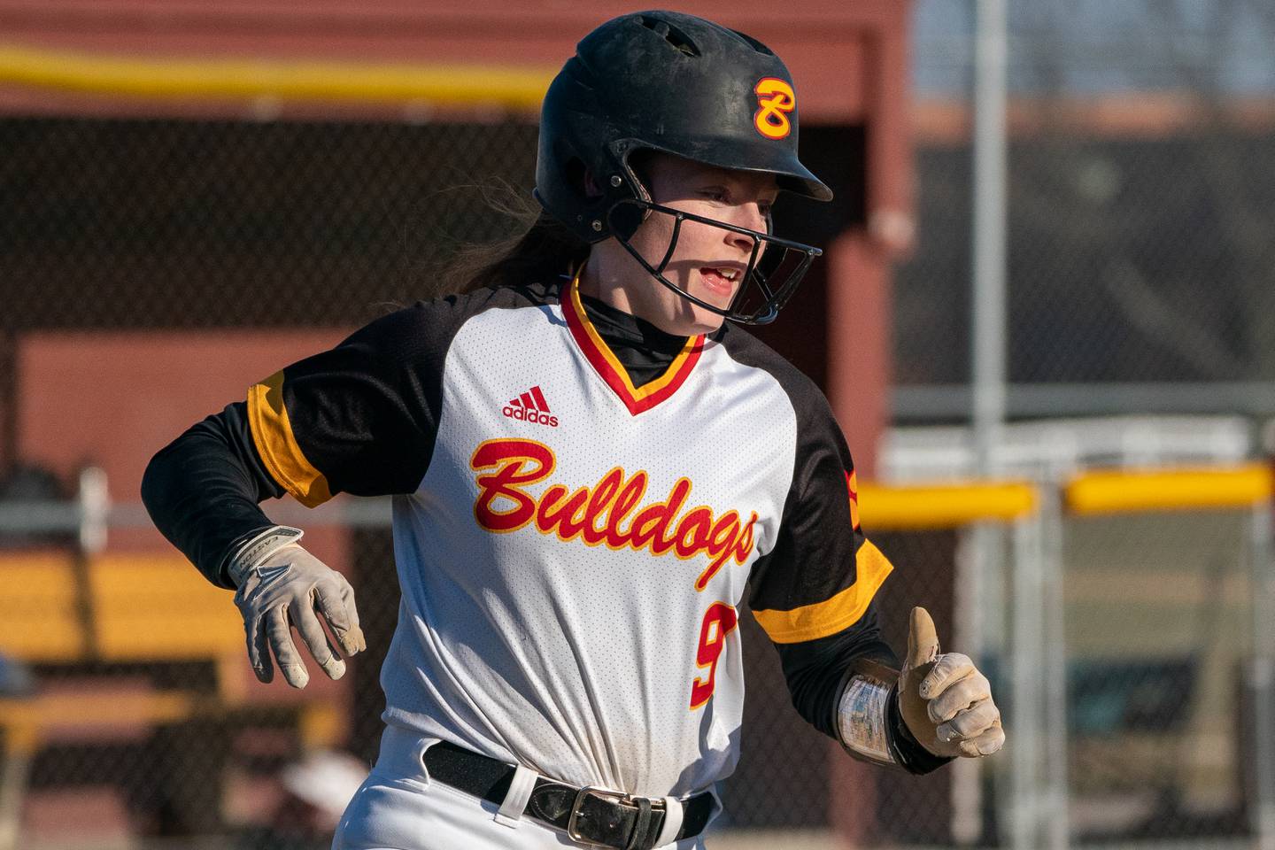 Batavia's Grace Sartain (9) runs to first on a single against Newark during a softball game at Batavia High School on Wednesday, Mar 29, 2023.