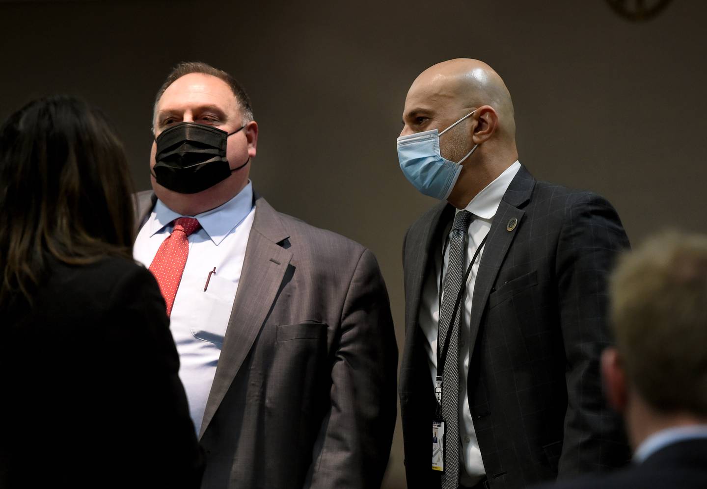 Defense attorney Jeffrey J. Altman, left and Assistant State's Attorney Ashur Youash talk during a recess of Brett J. Herold's sentencing hearing Friday, Feb. 18, 2022, at the McHenry County courthouse in Woodstock. Herold pleaded guilty in October to driving under the influence and failing to report a fatal crash.